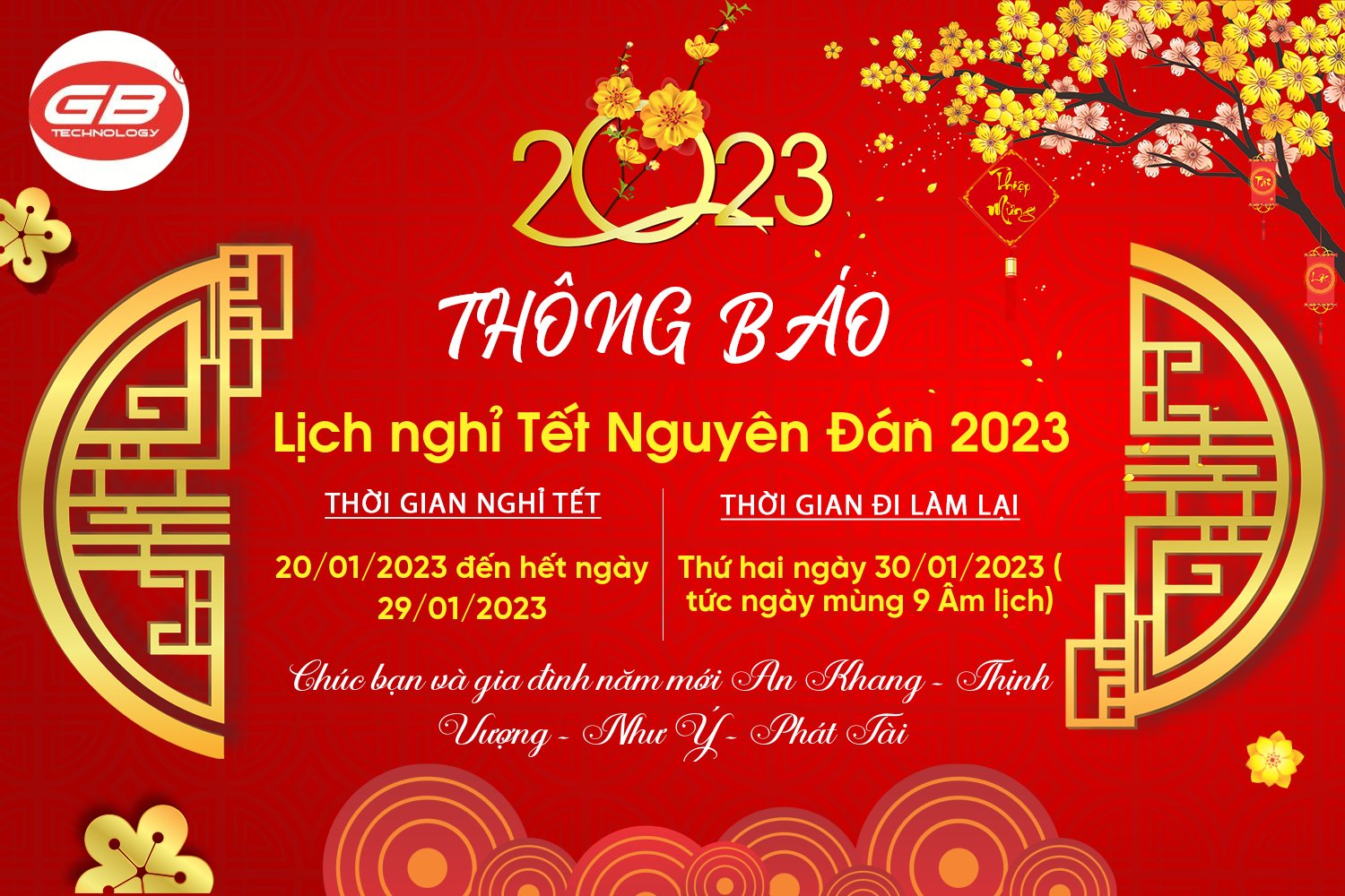 THÔNG BÁO NGHỈ TẾT NGUYÊN ĐÁN 2023